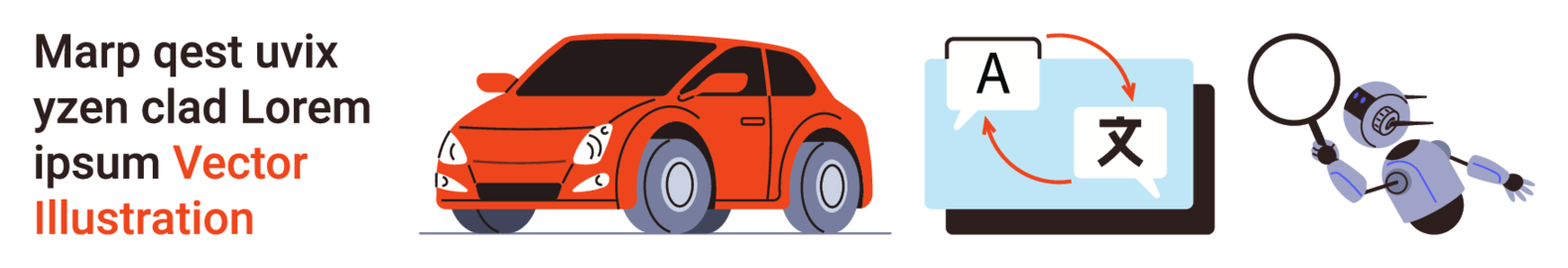 Car, Language Translation, and Magnifying Glass with Robot Vector Design