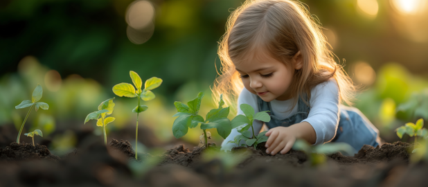 A girl planting small plants
