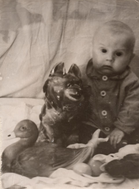 Vintage baby with toy ceramic horse and duck sepia portrait