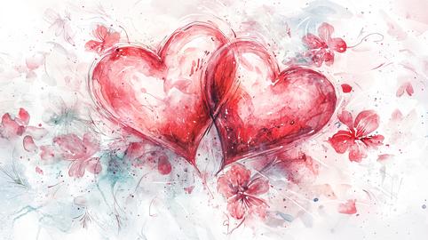 Beautiful Watercolor Art of Two Intertwined Hearts Surrounded by Red Flowers. Concept of Love