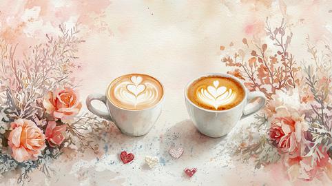Watercolor illustration of two coffee cups with latte art on a floral cafe table. Concept of cozy