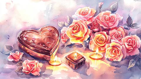 Watercolor Art of Heart-Shaped Chocolate with Roses and Candles. Concept of Romance, Love, Valentine
