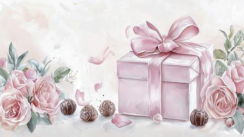 Watercolor Art of an Elegant Gift Box with Pink Ribbon and Roses, Concept of Celebration, Romantic