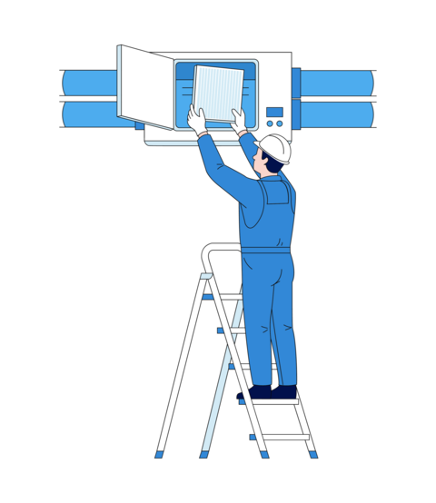 Professional technician in overalls and a protective helmet standing on a folding ladder and