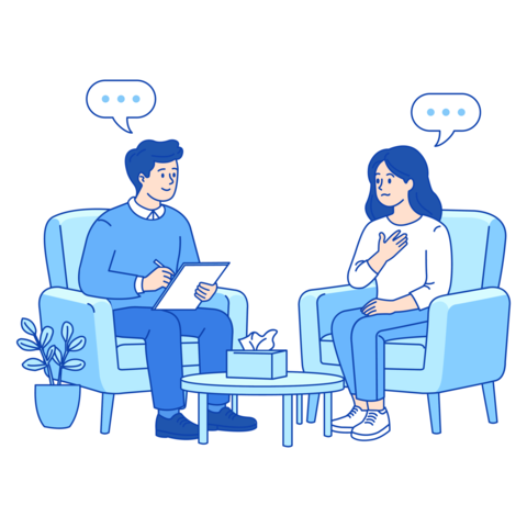 Male psychiatrist taking notes while listening to a concerned woman patient during a psychotherapy