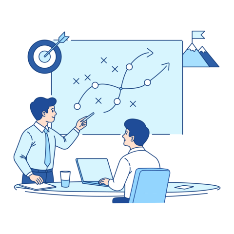 Businessman pointing at a project strategy map on a whiteboard while explaining a plan to a male