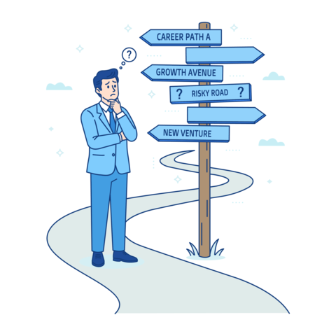 Businessman looking at multiple road signs for career direction and strategic choice. Professional