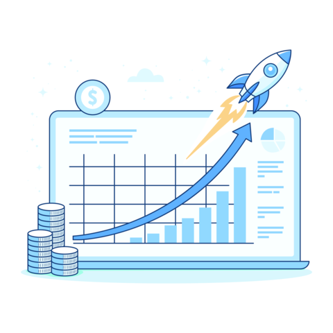 Startup launch and exponential growth concept. Businessman dashboard with rising chart, rocket and