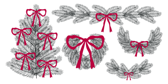 Christmas pine set, decorated with red bows Festive seasonal wreaths, border and branches Perfect fo