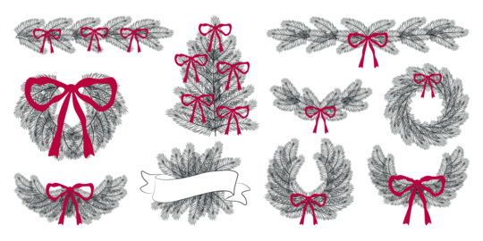 Christmas pine set, decorated with red bows Festive seasonal wreaths, borders, and branches Perfect 