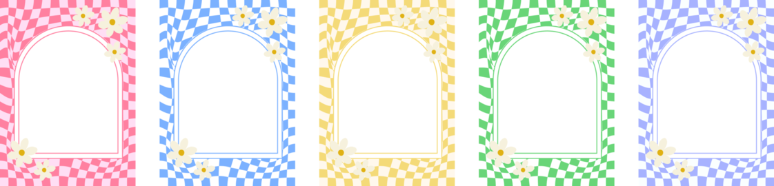 Collection of retro wavy checkered frames with flowers in pastel colors Modern vintage template for 