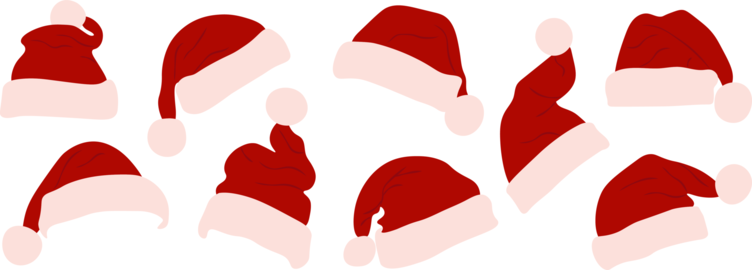 Collection of Santa hats in various styles arranged Perfect for Christmas themed designs and festive
