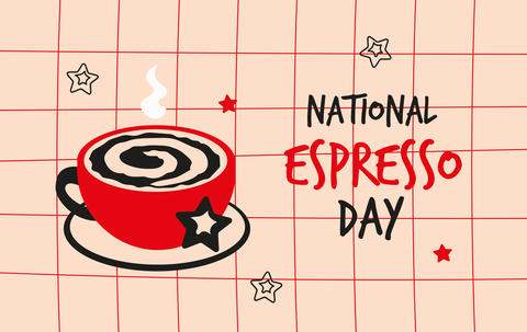 National Espresso Day with red cup of coffee card banner invitation poster