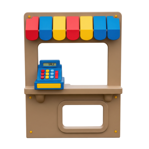 Colorful plastic toy market stall with cash register and awning for children role play game