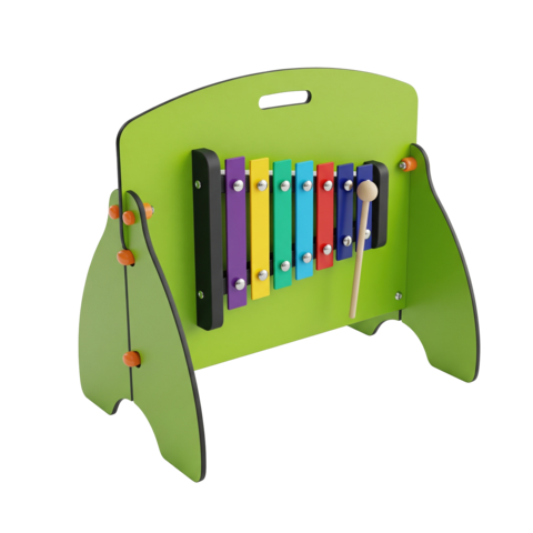 Educational wooden xylophone toy with rainbow keys mounted on green stand for kids
