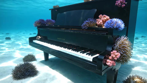 Surreal underwater grand piano adorned with anemones