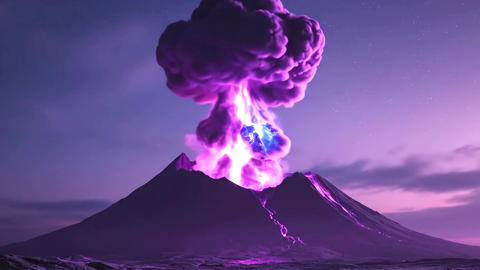 Surreal volcano erupting magical purple energy at dusk