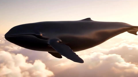 Surreal whale flying through golden hour clouds