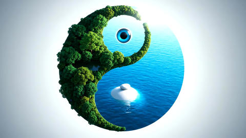 Surreal yin yang symbol with forest and ocean