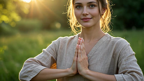 Smiling woman standing outdoors bringing hands together in prayer gesture during sunset