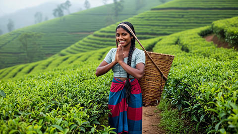 Smiling woman carrying woven basket holding hands in greeting gesture at tea plantation