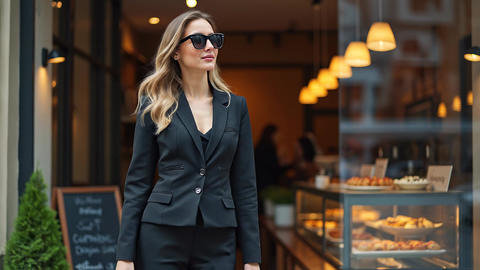Confident blonde businesswoman wearing black suit walking along city street past cafe window