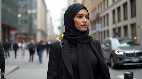 Confident young muslim businesswoman wearing black hijab walking along busy city street