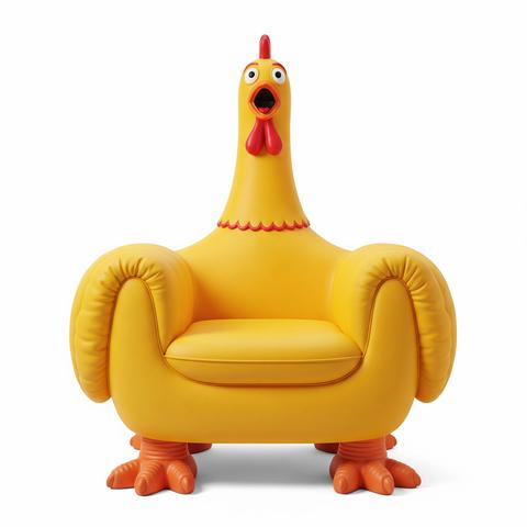 Fun yellow armchair shaped like screaming rubber chicken toy isolated on white background