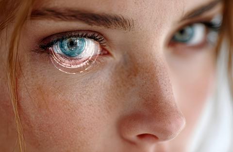 Detailed shot of a womans intense blue eye with a futuristic digital interface overlay showcasing ad