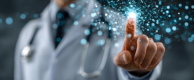 A healthcare professional wearing a lab coat and stethoscope engages with a glowing blue digital int