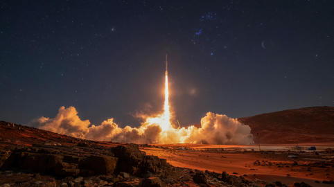 Rocket launching into the night sky with blazing flames, smoke, and dramatic space exploration