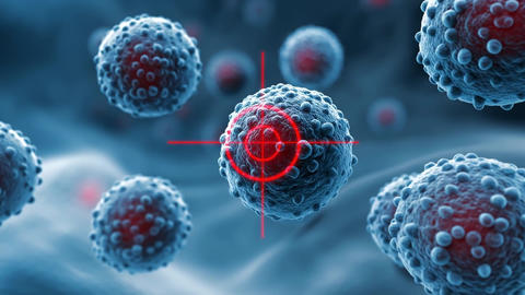 View of cancer cells being targeted by radiation treatment for medical research