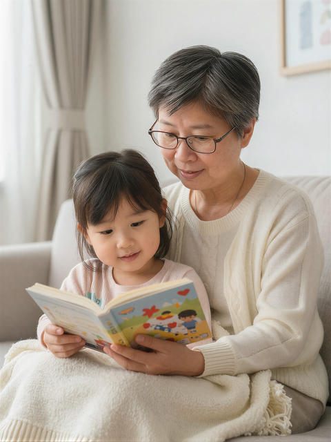 Asian grandmother and granddaughter reading a book together on a sofa