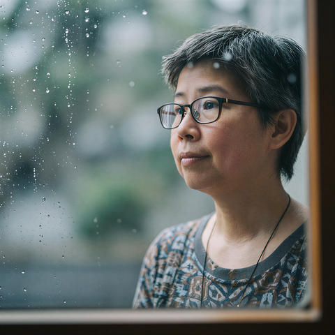 Pensive Woman Looking Out Rainy Window