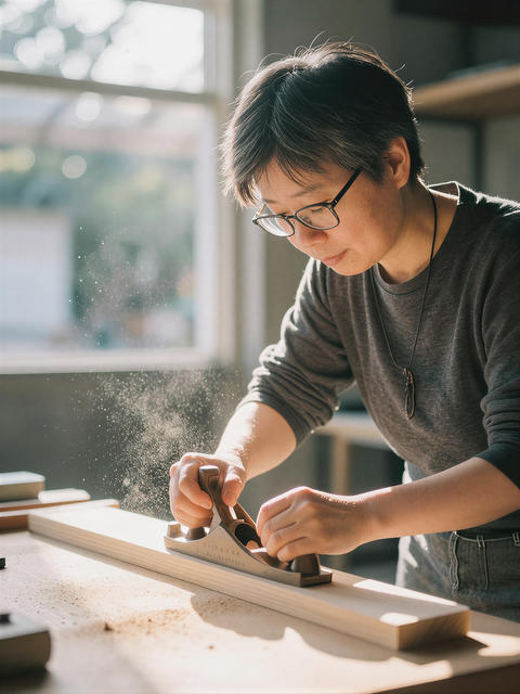 Focused Woman Planing Wood in a Workshop