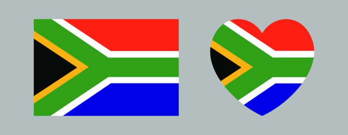 South Africa heart, rectangular flag button, sticker set. Rectangle, heart flag symbol, icon, badge