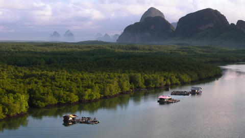 Mangrove forest, small huts out in the water, mountains, Phang Nga bay