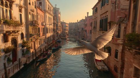 Seagull flying over Venice canal at golden hour with historic buildings and boats