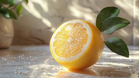 Fresh orange half with green leaves on marble table in natural sunlight