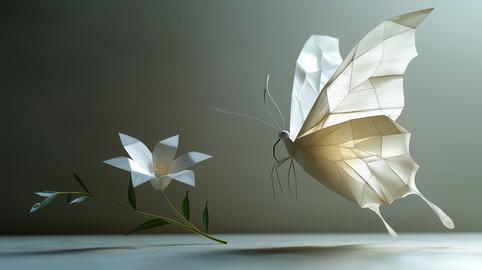 Delicate paper butterfly hovering near white flower on soft neutral background
