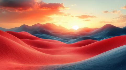 Surreal red and blue sand dunes landscape at sunrise with distant mountains