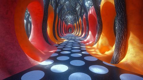 Surreal forest tunnel with colorful organic arches and dotted pathway perspective