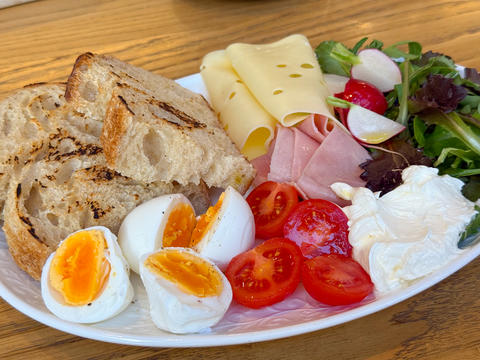 Assorted breakfast plate with eggs, tomato, cheese, ham, salad, radish, cream and grilled bread on a