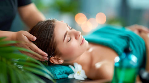 Young woman enjoying a relaxing spa massage with towel wrap and flowers, wellness and beauty