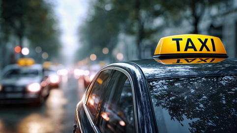 A yellow light with the word TAXI on the roof of a black car on a city street