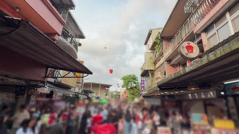 Many Tourists Releasing Sky Lanterns Along the Railway in Shifen, Taiwan