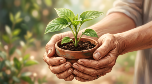 Hands cradle a tiny green plant in a clay pot