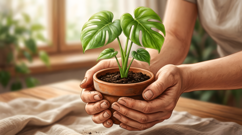 Gentle hands cradle a small potted plant