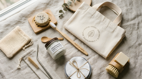Minimalist eco-friendly bathroom items rest on soft linen