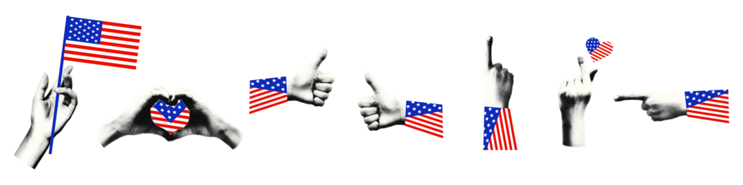 Human hands with American flag halftone collage vector illustration